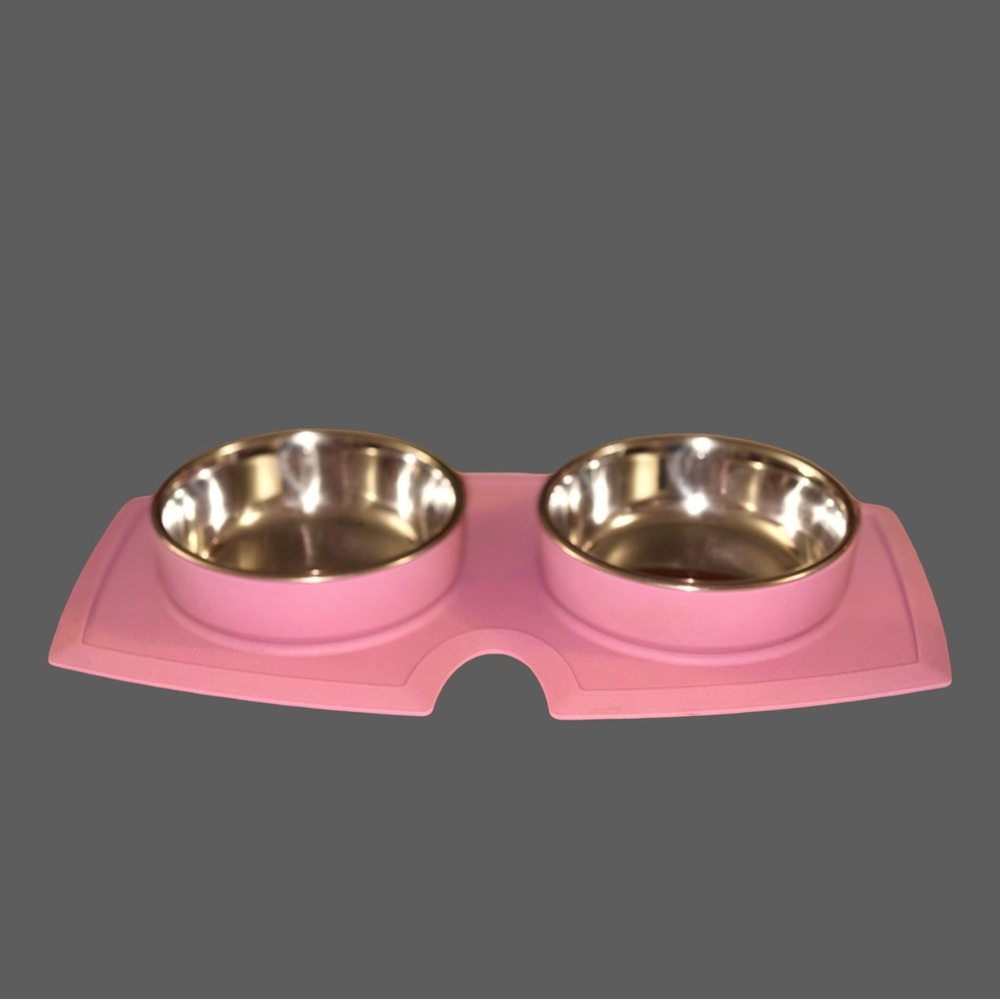 EveryYay  Silicone pink double diner stainless steel 2 cup, cat or dog set